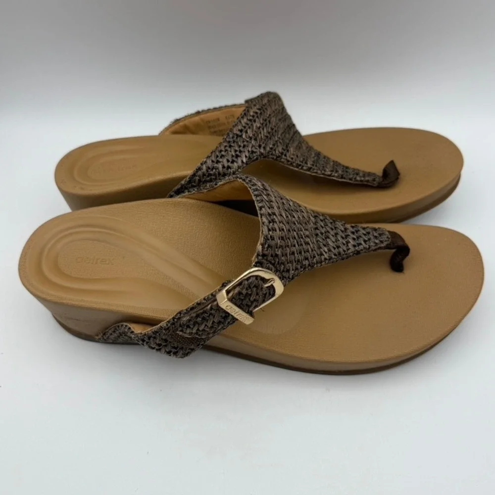 Aetrex Kate Wedge Sandals‎ Adjustable Buckle Thong Brown Woven EU42 US10.5-11